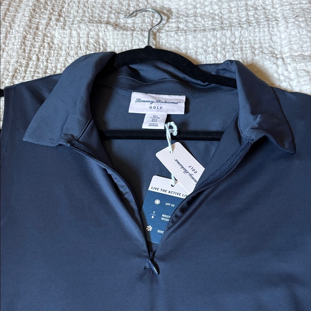 Tommy Bahama Navy Zip-Up sleeveless polo